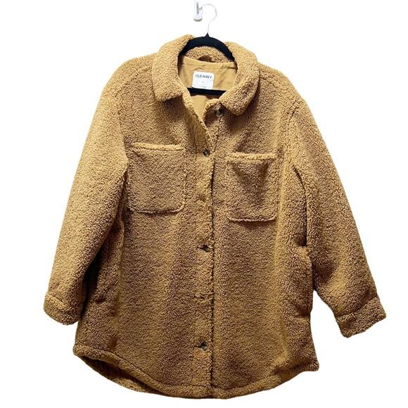 Old Navy Cozy Sherpa Jacket Sycamore Bark Size XL Teddy Shacket Sweater Camel - Picture 3 of 9